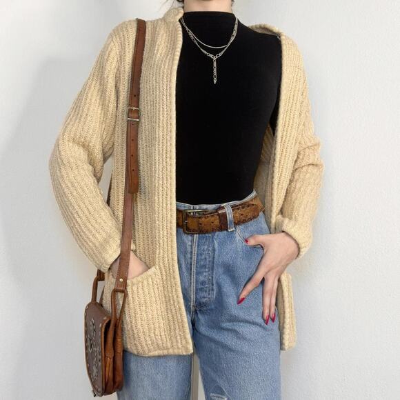 Vintage Sweaters - VNT Beige Chunky Knit Cardigan Size 40 Cottagecore Light Academica Minimalist